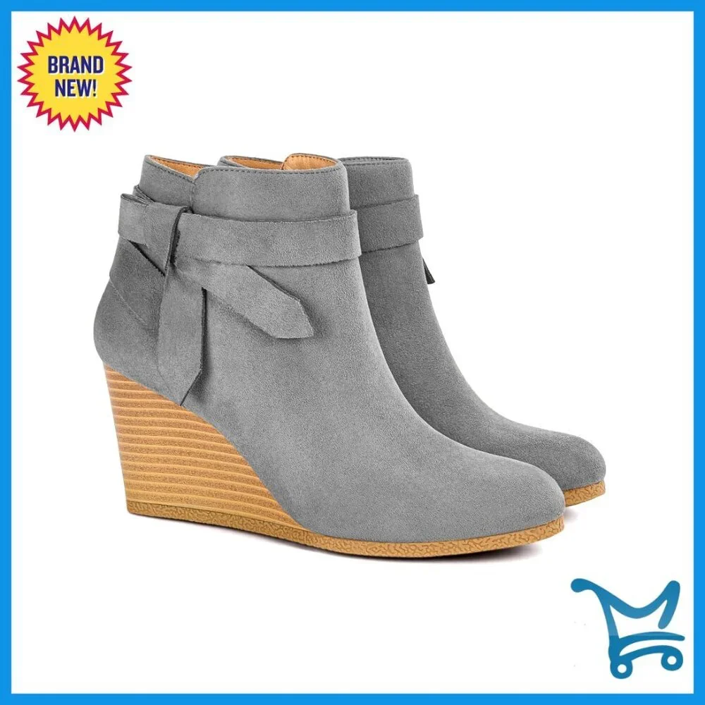 Wedge Ankle Boots with Side Zipper and Bow Tie, Stacked Heel